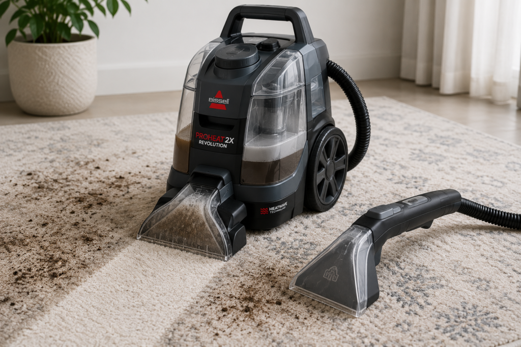 Carpet cleaning machine on a dusty area rug with an upholstery steam tool attachment shown alongside. No people.