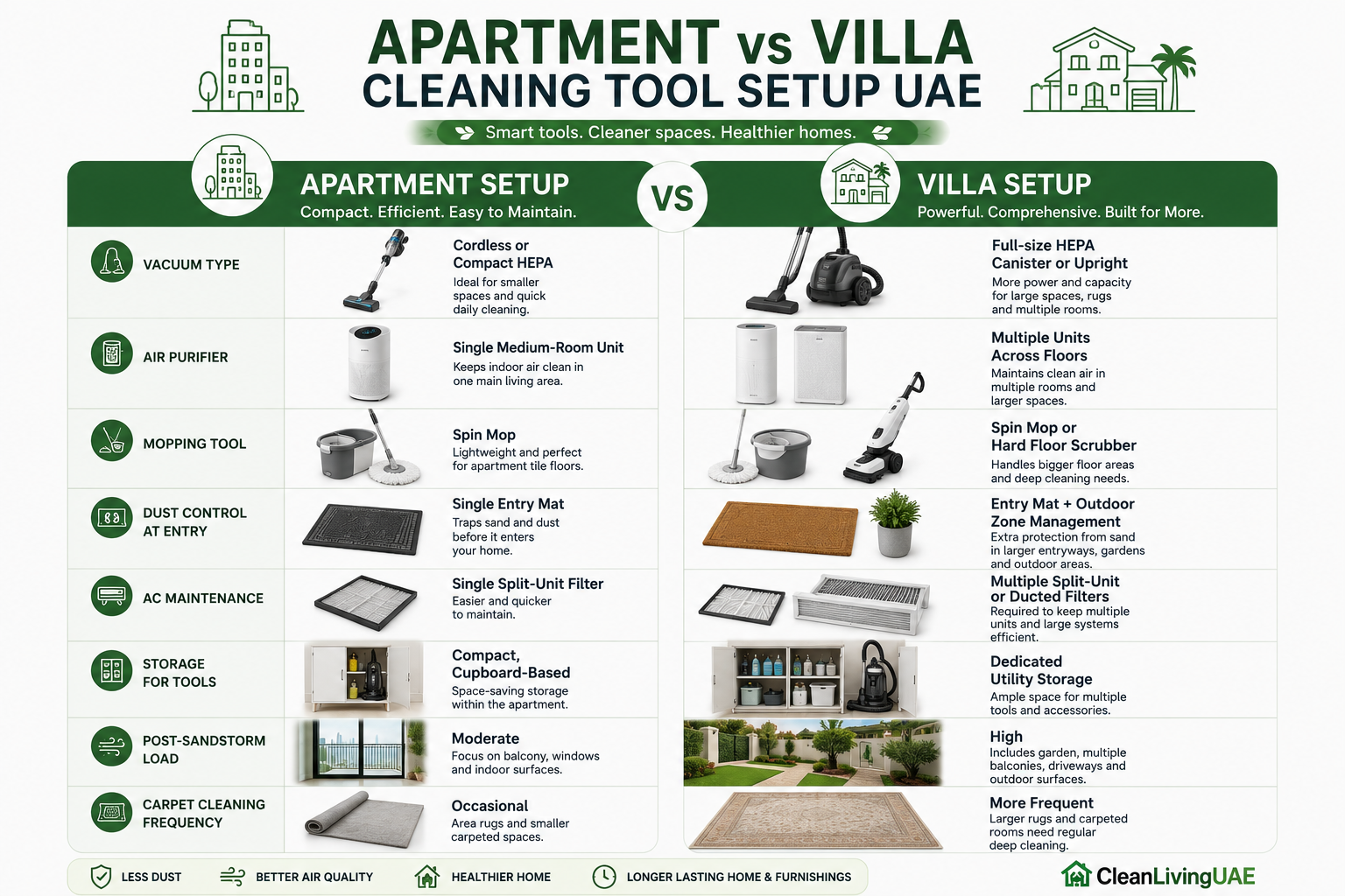 Apartment vs Villa Cleaning Tool Setup UAE - side-by-side comparison with tool icons and brief condition notes for each property type.