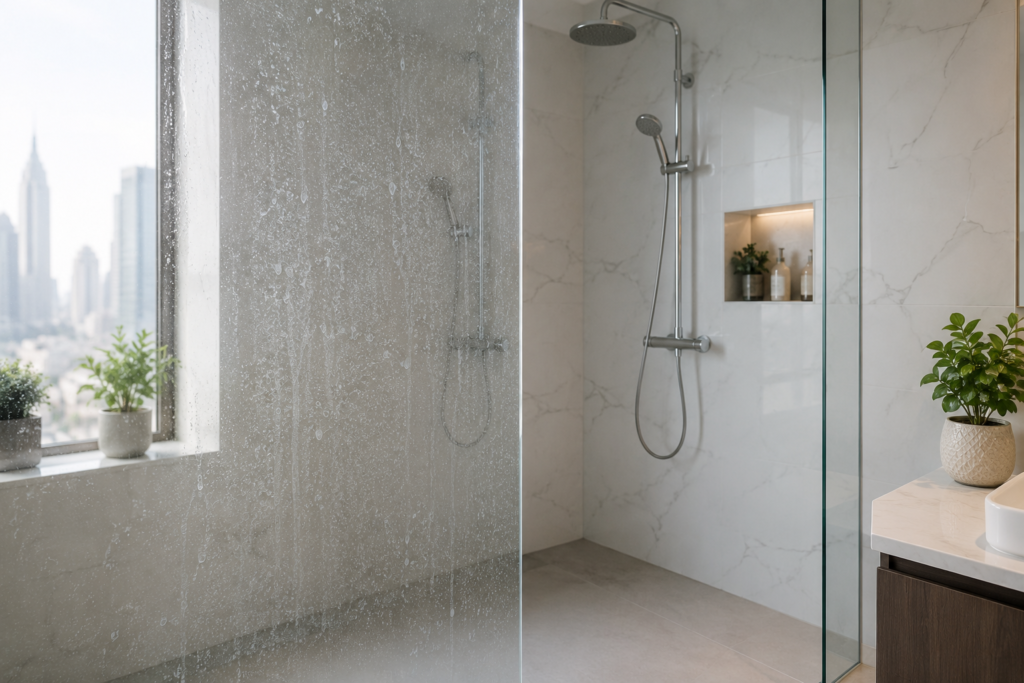 Hard water stains on shower glass in a modern UAE bathroom showing mineral buildup, cloudy glass deposits, chrome fixtures, and a clean restored shower enclosure for hard water stain removal and prevention.