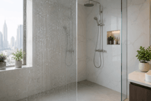 Hard water stains on shower glass in a modern UAE bathroom showing mineral buildup, cloudy glass deposits, chrome fixtures, and a clean restored shower enclosure for hard water stain removal and prevention.