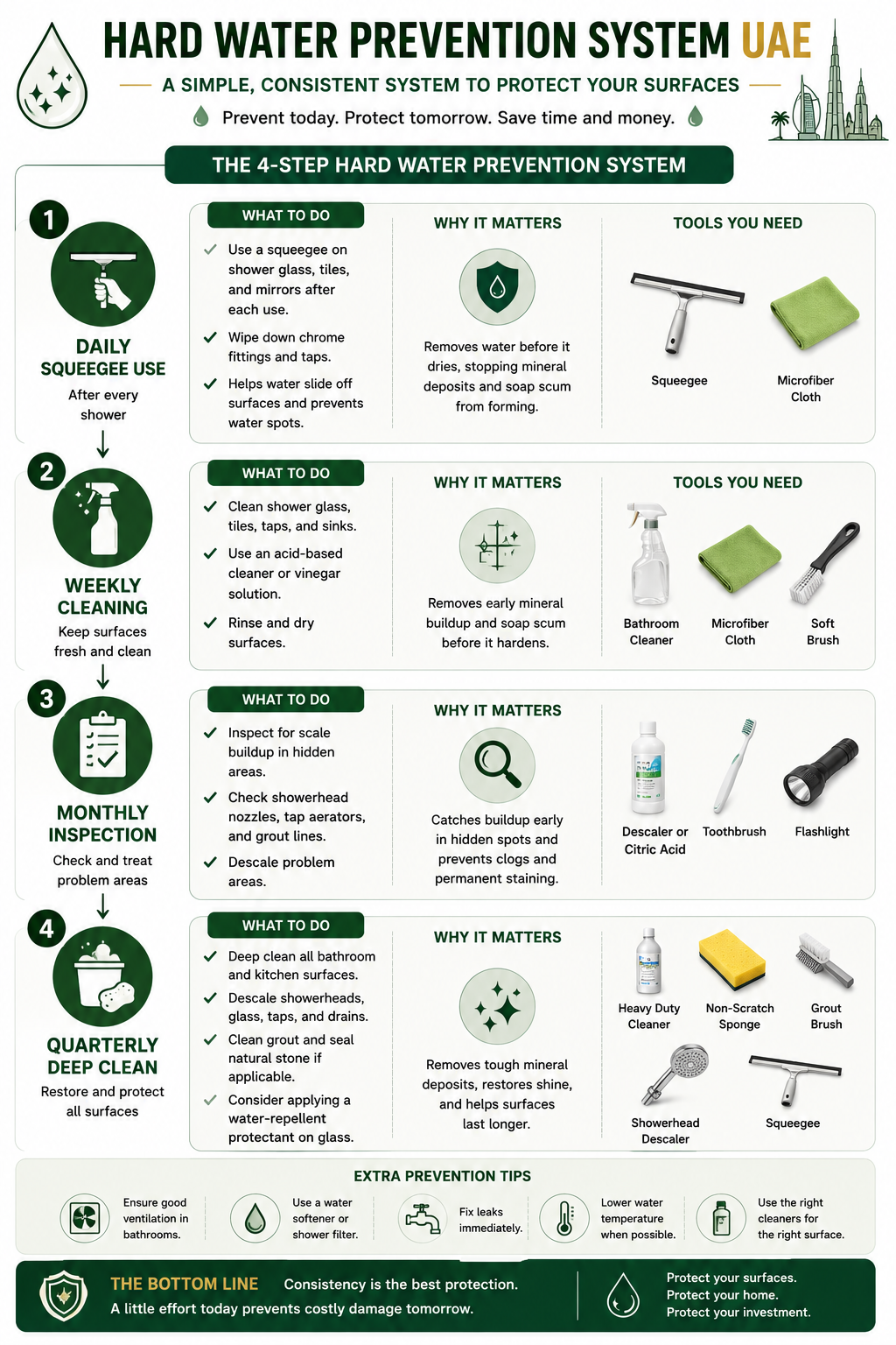 [INFOGRAPHIC: Hard Water Prevention System UAE - Flowchart showing daily squeegee use, weekly cleaning, monthly inspection, and quarterly deep cleaning with tools at each stage.]
