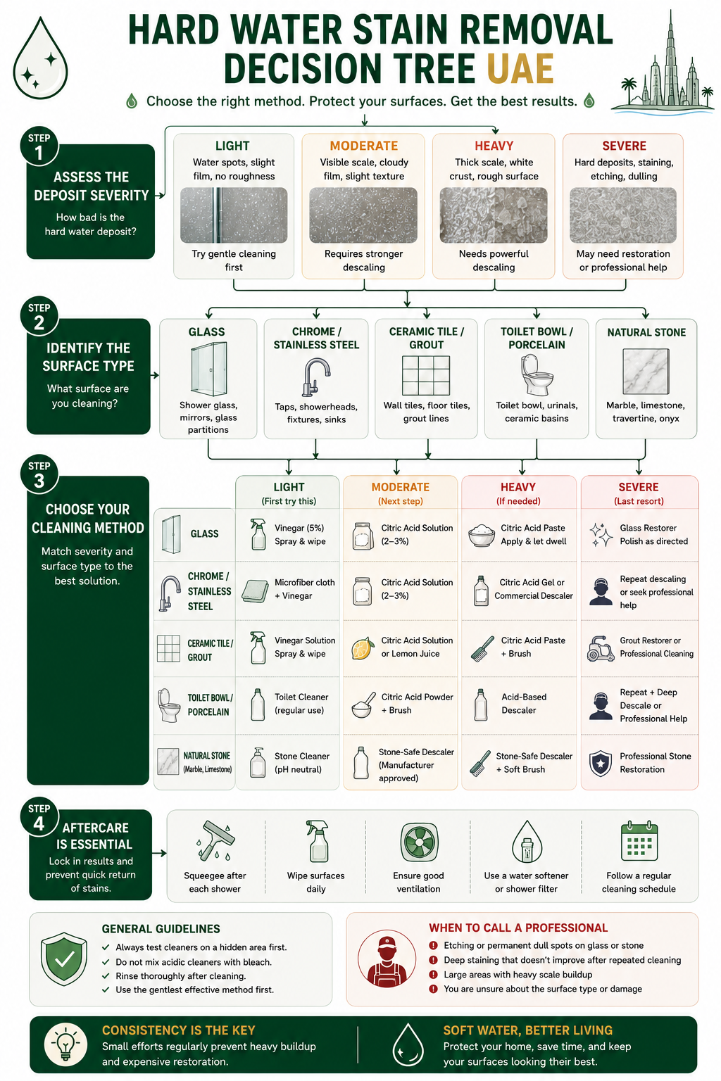 [INFOGRAPHIC: Hard Water Stain Removal Decision Tree - Flowchart helping readers choose cleaning methods based on deposit severity and surface material type.]