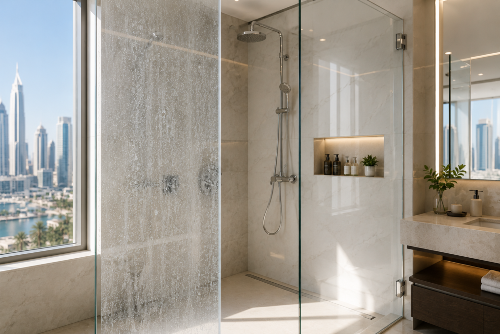 Luxury UAE bathroom with visible hard water marks on one shower glass panel and a crystal-clear cleaned panel beside it.