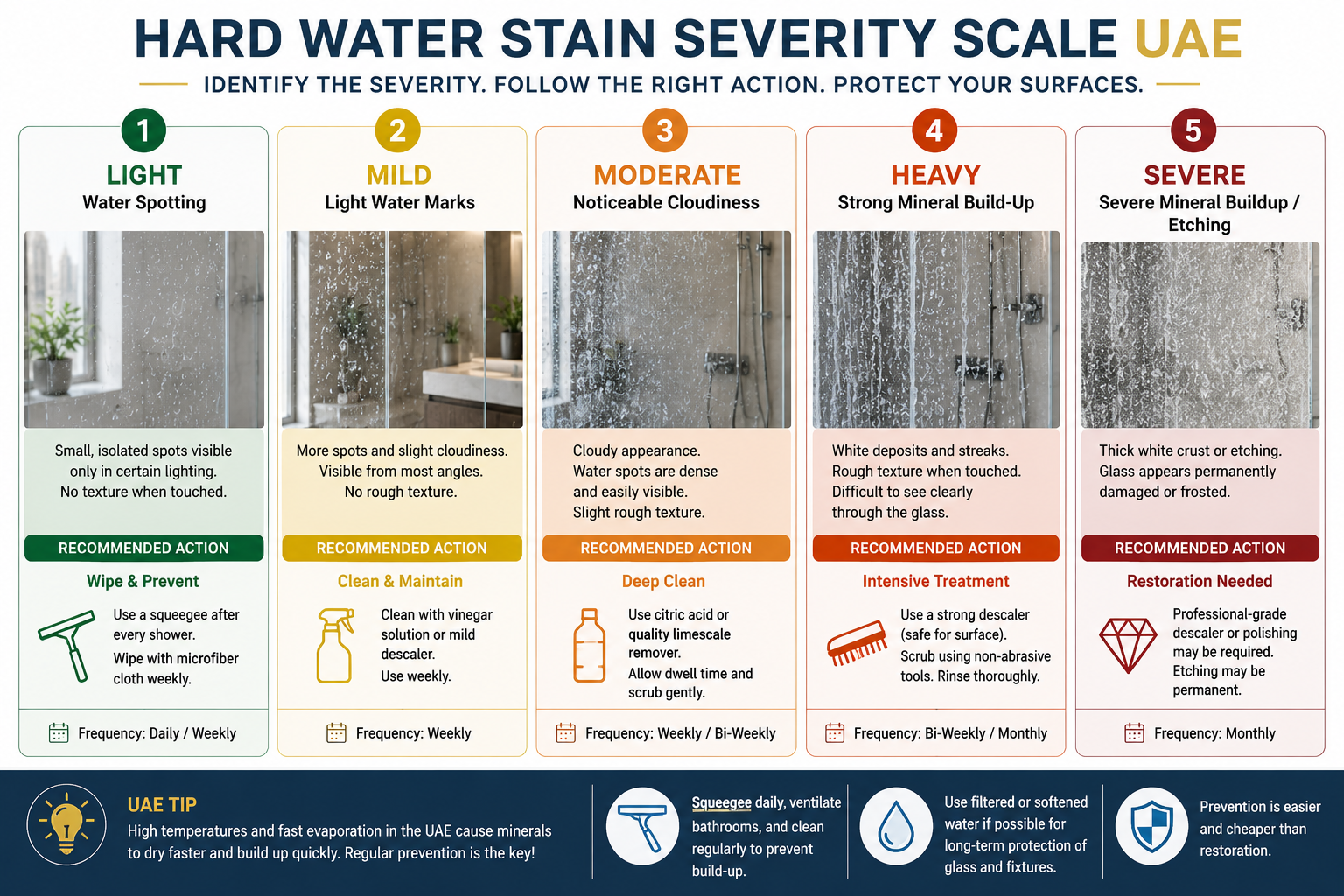 Hard Water Stain Severity Scale UAE - Visual scale from light water spotting to severe mineral buildup with recommended action for each level