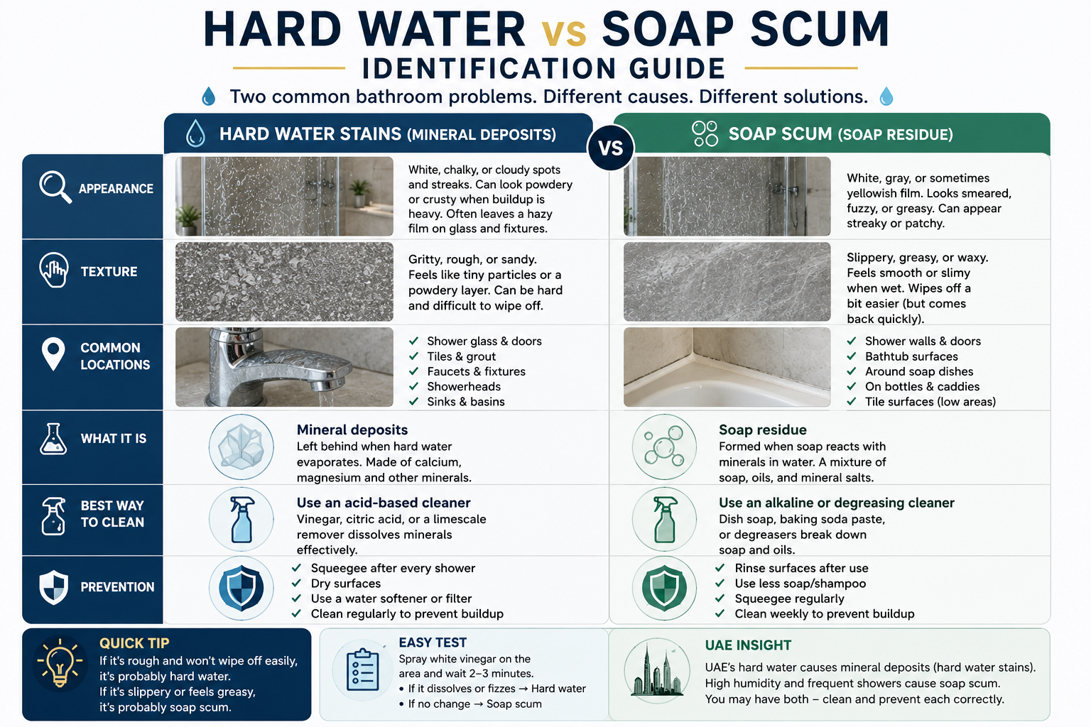 Hard Water vs Soap Scum Identification Guide - Side-by-side visual comparison of each deposit type, texture, location, and cleaning method