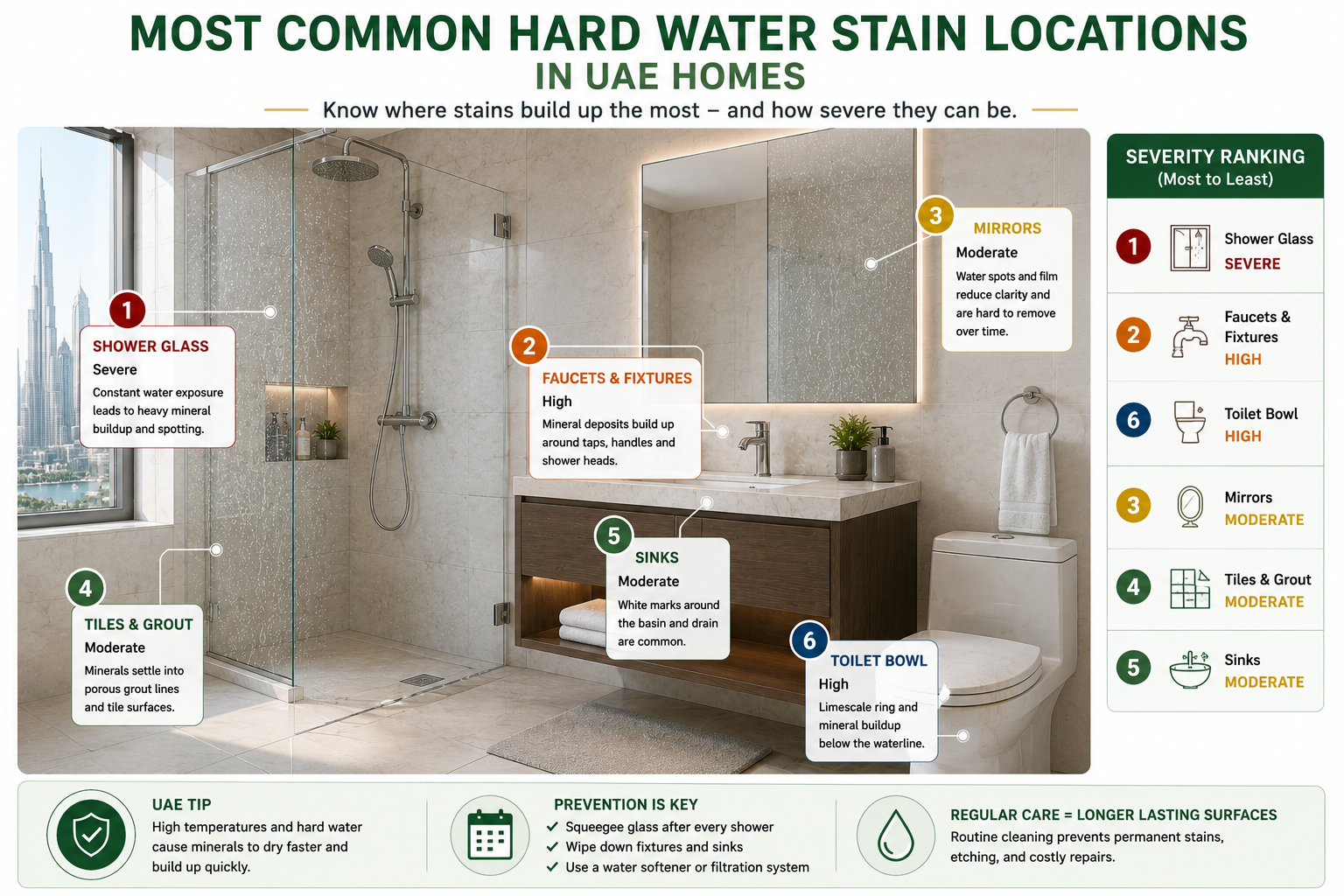 [INFOGRAPHIC: Most Common Hard Water Stain Locations in UAE Homes - Bathroom cutaway showing shower glass, faucets, tiles, sinks, toilet bowls, and mirrors ranked by severity.]