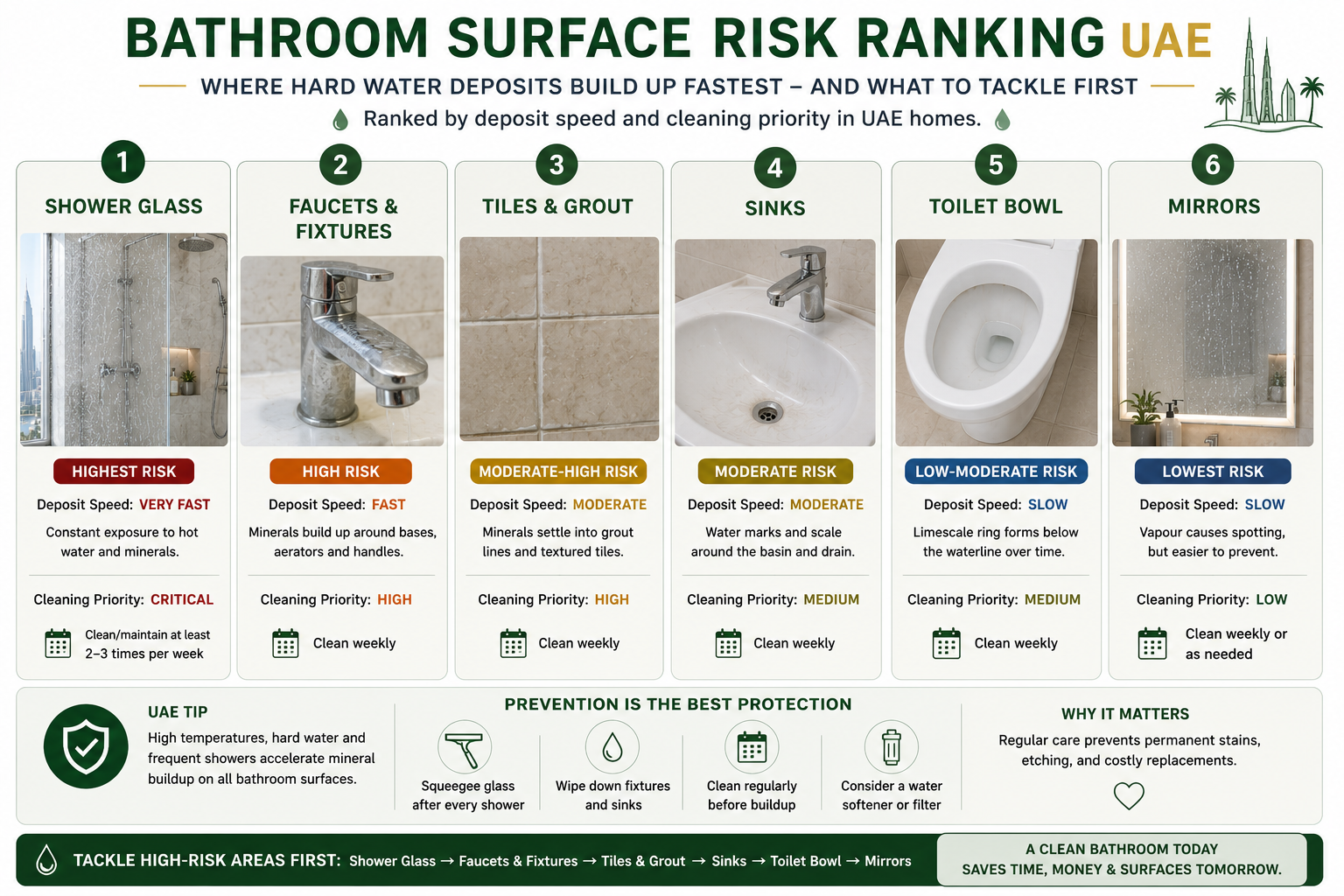 [INFOGRAPHIC: Bathroom Surface Risk Ranking UAE - Numbered ranking from 1 (Shower Glass) through 6 (Mirrors) showing deposit speed and cleaning priority for each.]