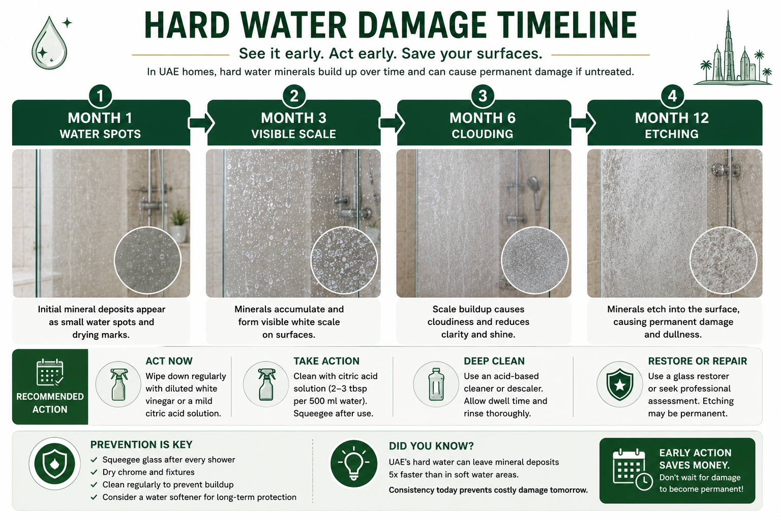 Hard Water Damage Timeline - Month 1: Water Spots - Month 3: Visible Scale - Month 6: Clouding - Month 12: Etching. Shows progression with recommended action at each stage.