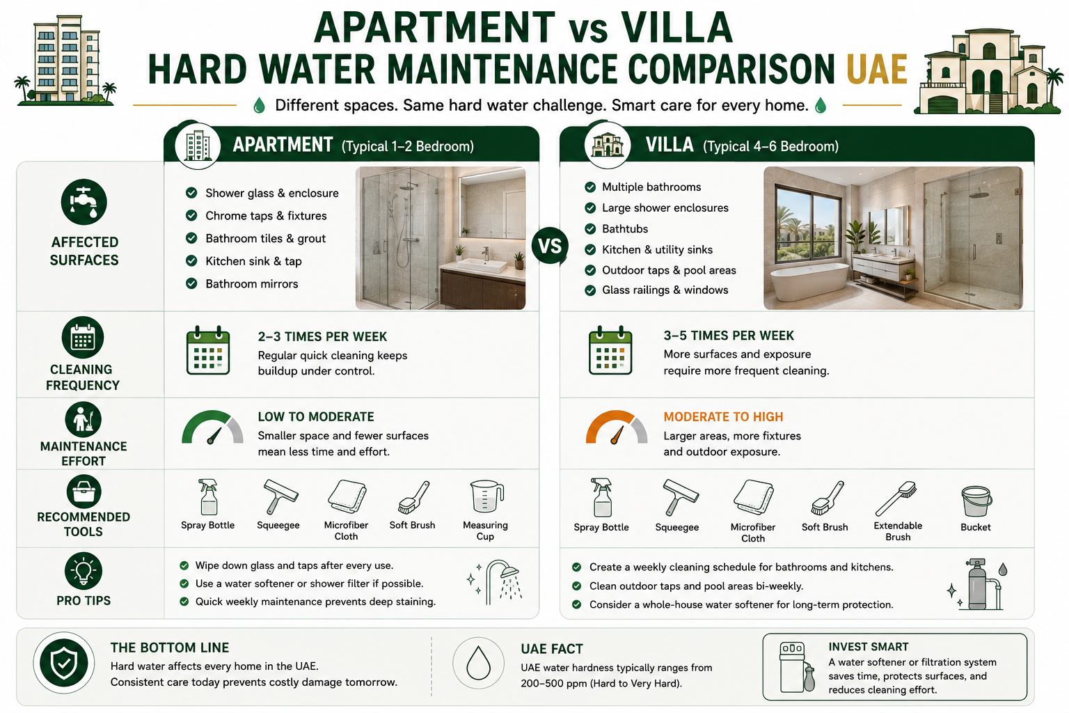 [INFOGRAPHIC: Apartment vs Villa Hard Water Maintenance Comparison UAE - Side-by-side comparison showing affected surfaces, cleaning frequency, maintenance effort, and recommended tools.]