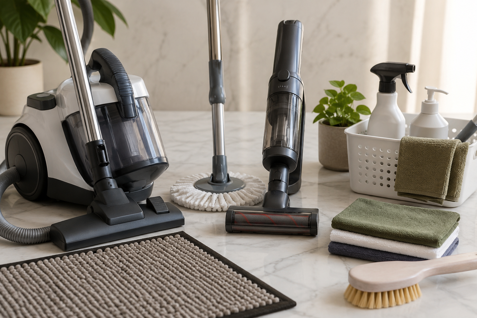 how-we-review-cleaning-products-Cleaning products and home cleaning tools arranged on a marble surface for CleanLivingUAE product review methodology