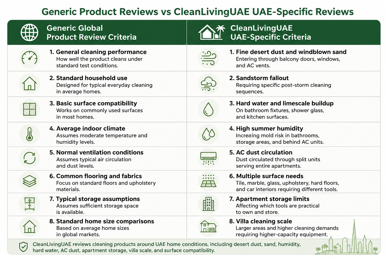 A simple two-column diagram contrasting "Generic global product review criteria" against "CleanLivingUAE UAE-specific criteria," using the eight bullet points above as the UAE column.