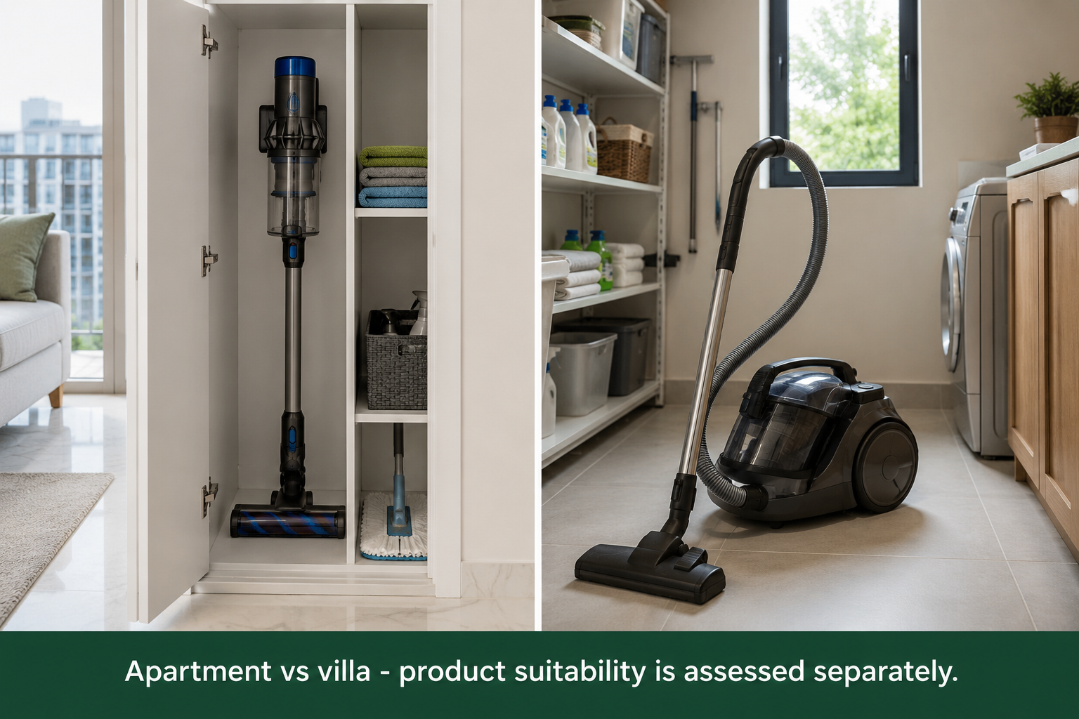 A split-image showing a compact cordless vacuum in a small apartment storage cupboard on the left, and a full-size canister vacuum in a villa utility room on the right