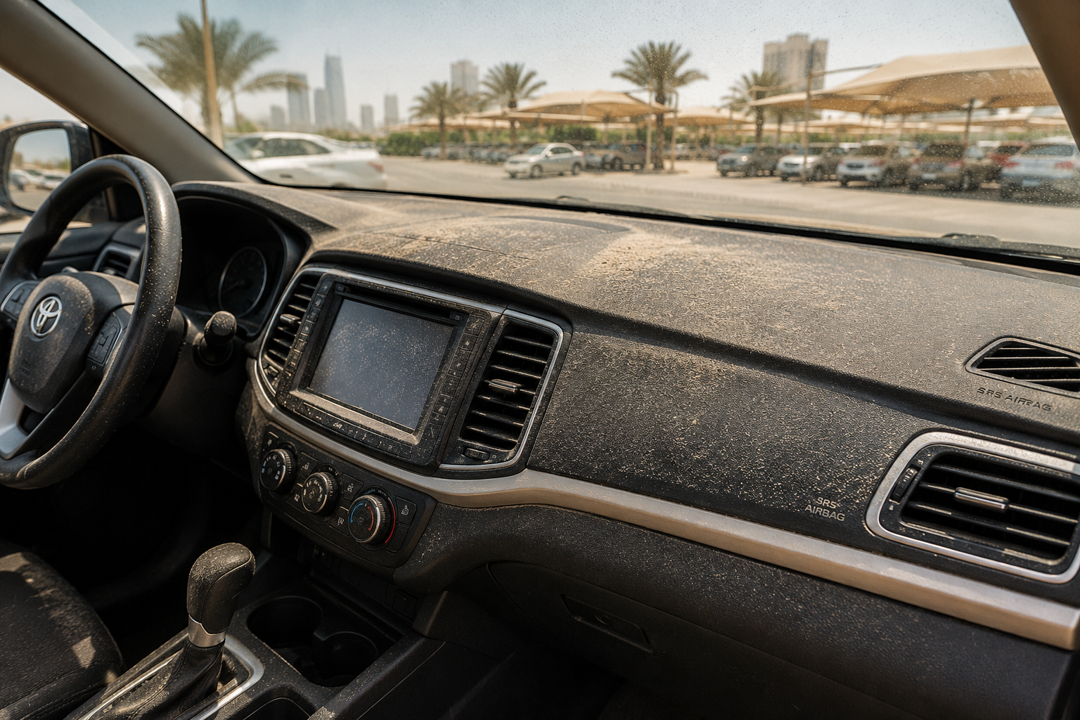 a UAE vehicle interior dashboard with fine dust layer visible on surfaces, parked in a sun-exposed outdoor carpark.