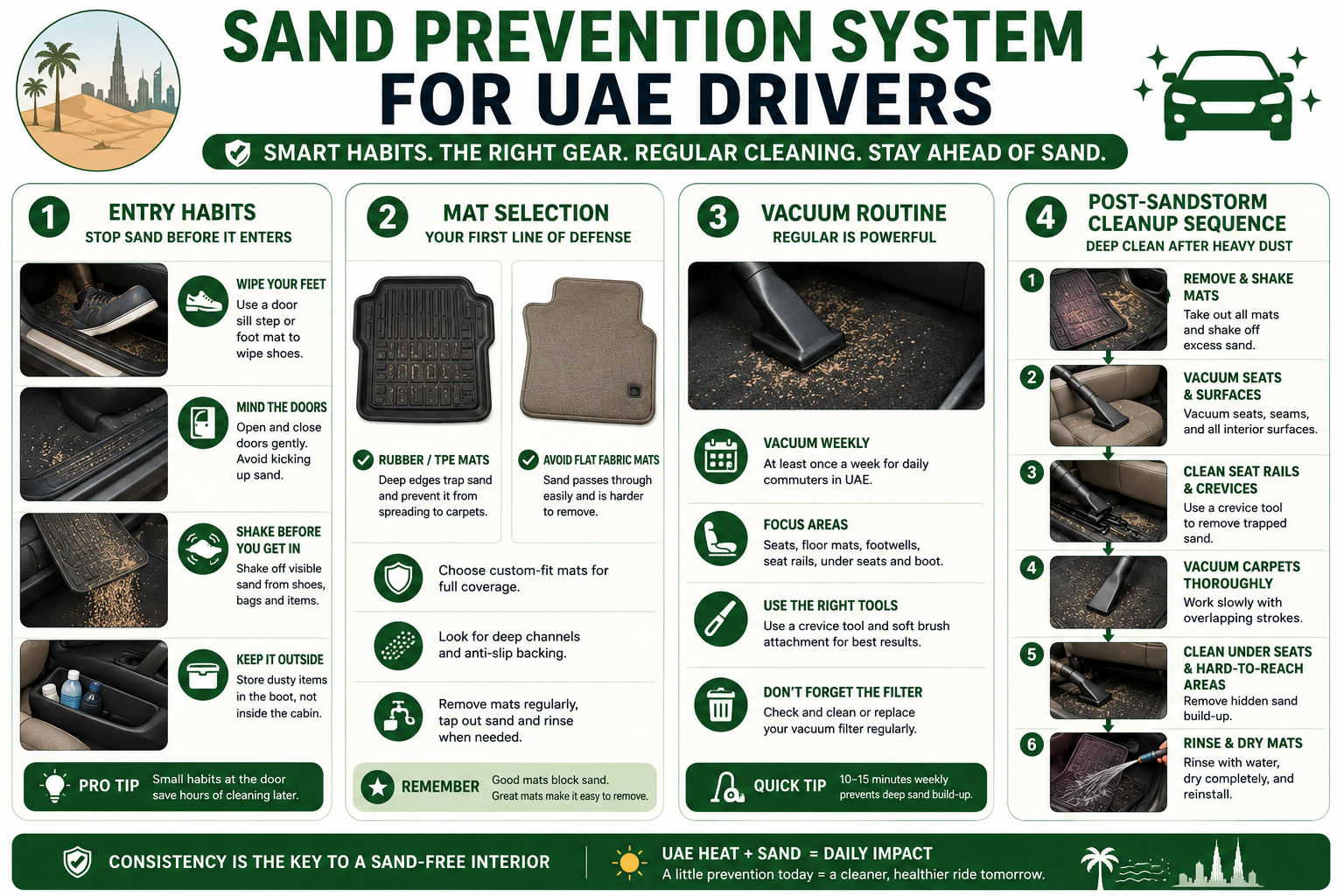 Infographic suggestion: "Sand Prevention System for UAE Drivers" - entry habits, mat selection, vacuum routine, and post-sandstorm cleanup sequence. Place after this subsection.