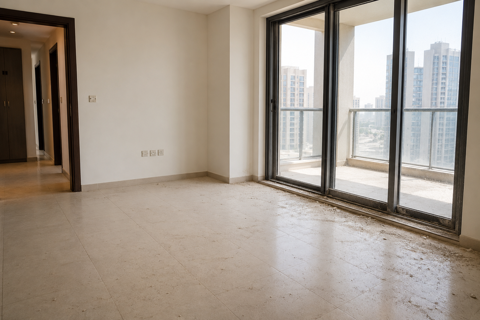 empty Dubai apartment before move-in cleaning with visible dust near balcony doors.