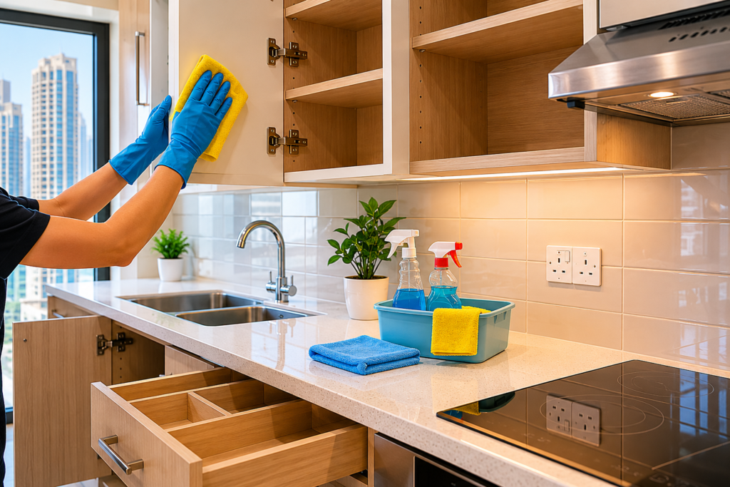 cleaning kitchen cabinets before moving into a Dubai apartment.