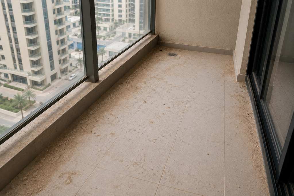 balcony sand accumulation in Dubai apartment before move-in cleaning.