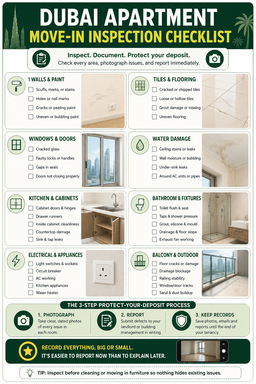 Dubai apartment move-in inspection checklist for tenants.