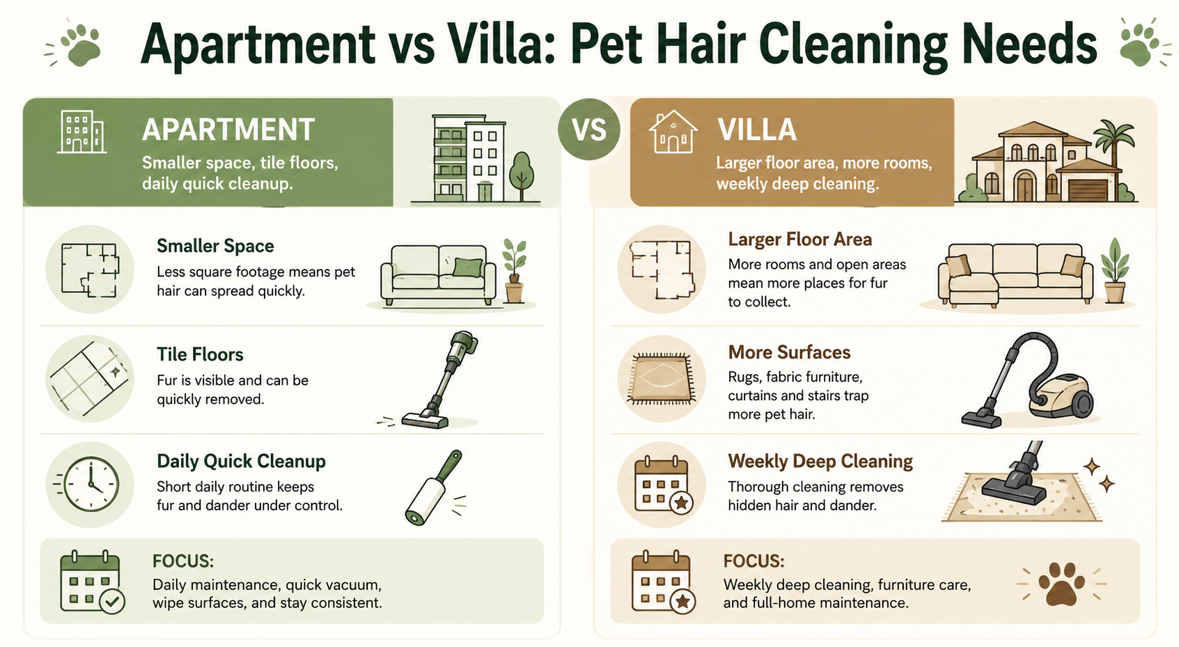 Infographic comparing apartment and villa pet hair cleaning needs in the UAE