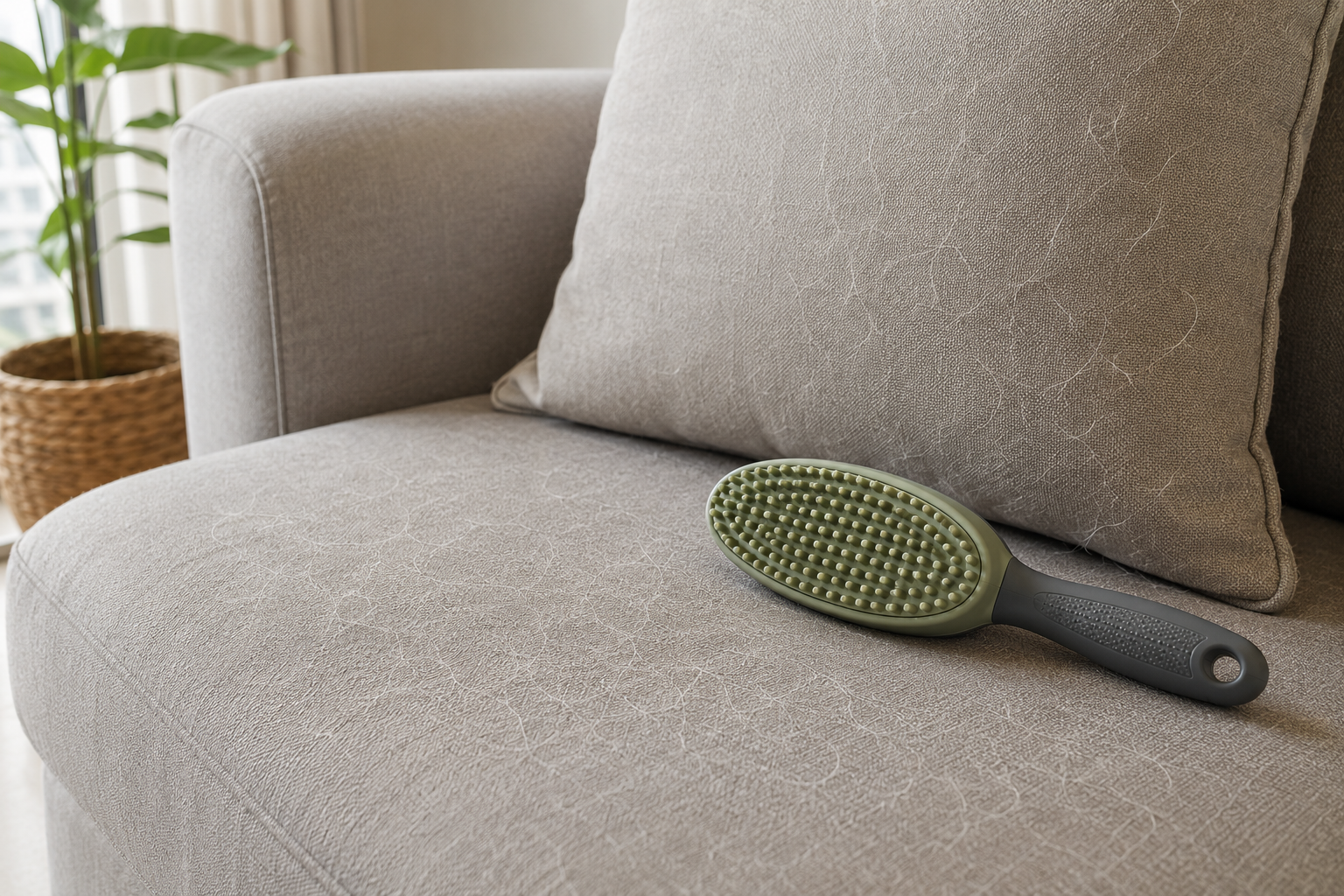 using a rubber brush on a fabric sofa.