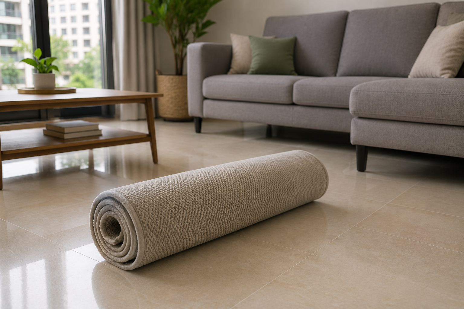 a small rolled-up rug, suggesting it is washable and easy to move.