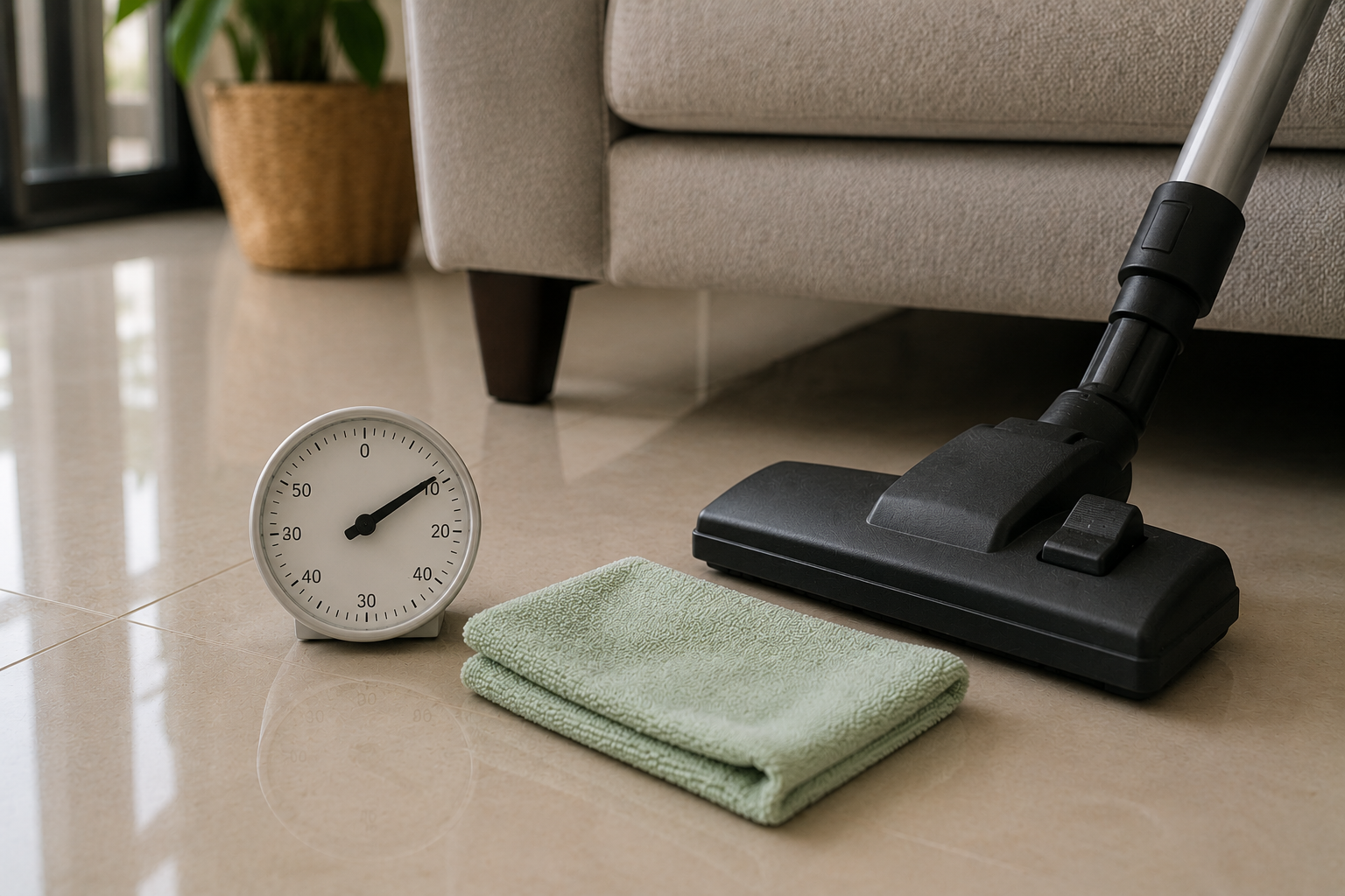 a small clock (showing 10 minutes) next to a vacuum and cloth