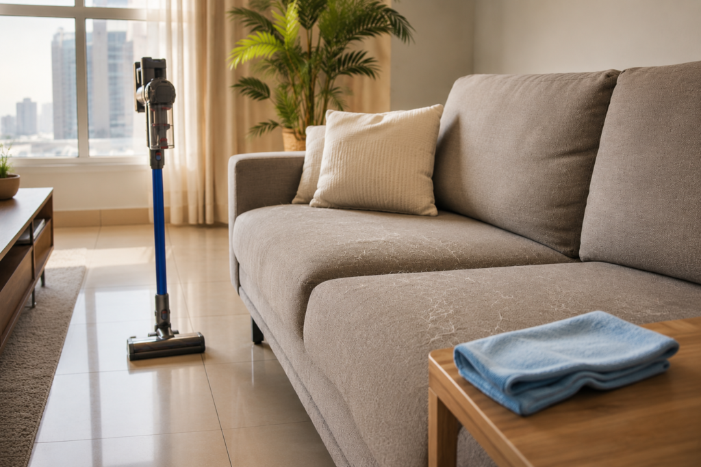 Pet hair cleaning tools for a UAE apartment with sofa, vacuum and microfiber cloth