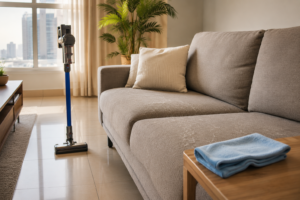 Pet hair cleaning tools for a UAE apartment with sofa, vacuum and microfiber cloth