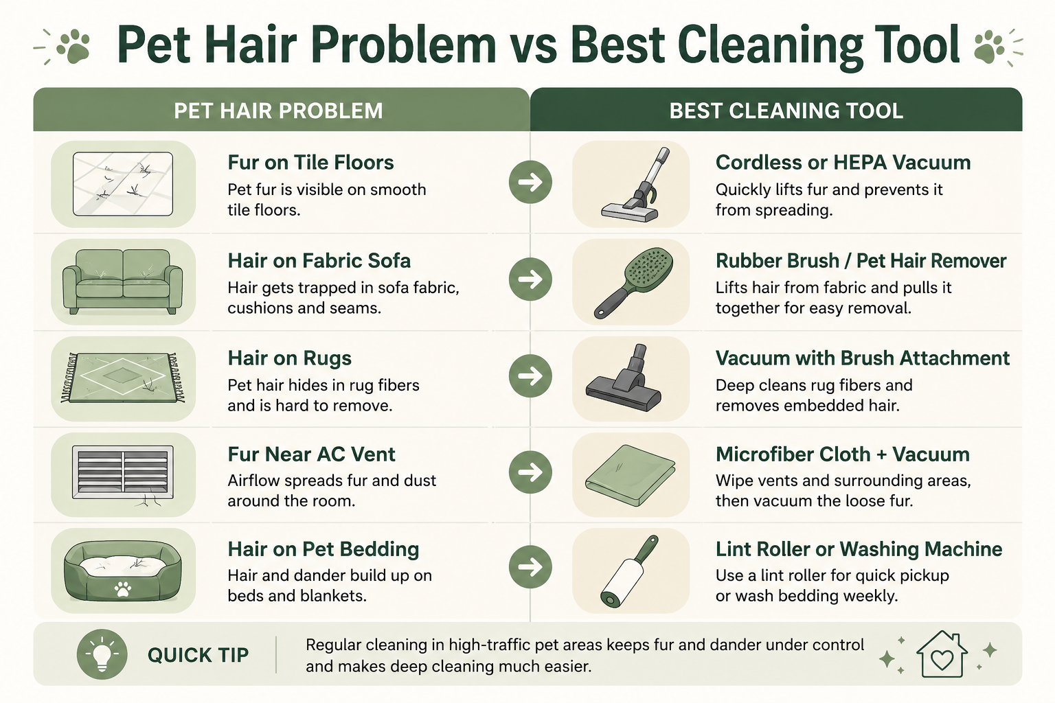 Infographic comparing pet hair problems and the best cleaning tool for each