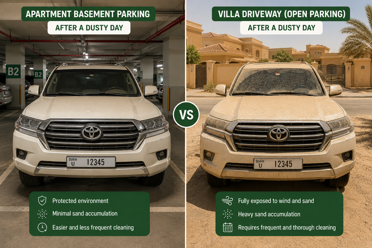 Image suggestion: Two identical SUVs in UAE conditions - one in a covered apartment basement parking area and one on an open villa driveway after a dusty day, showing visible difference in sand accumulation on the bodywork and windscreen.