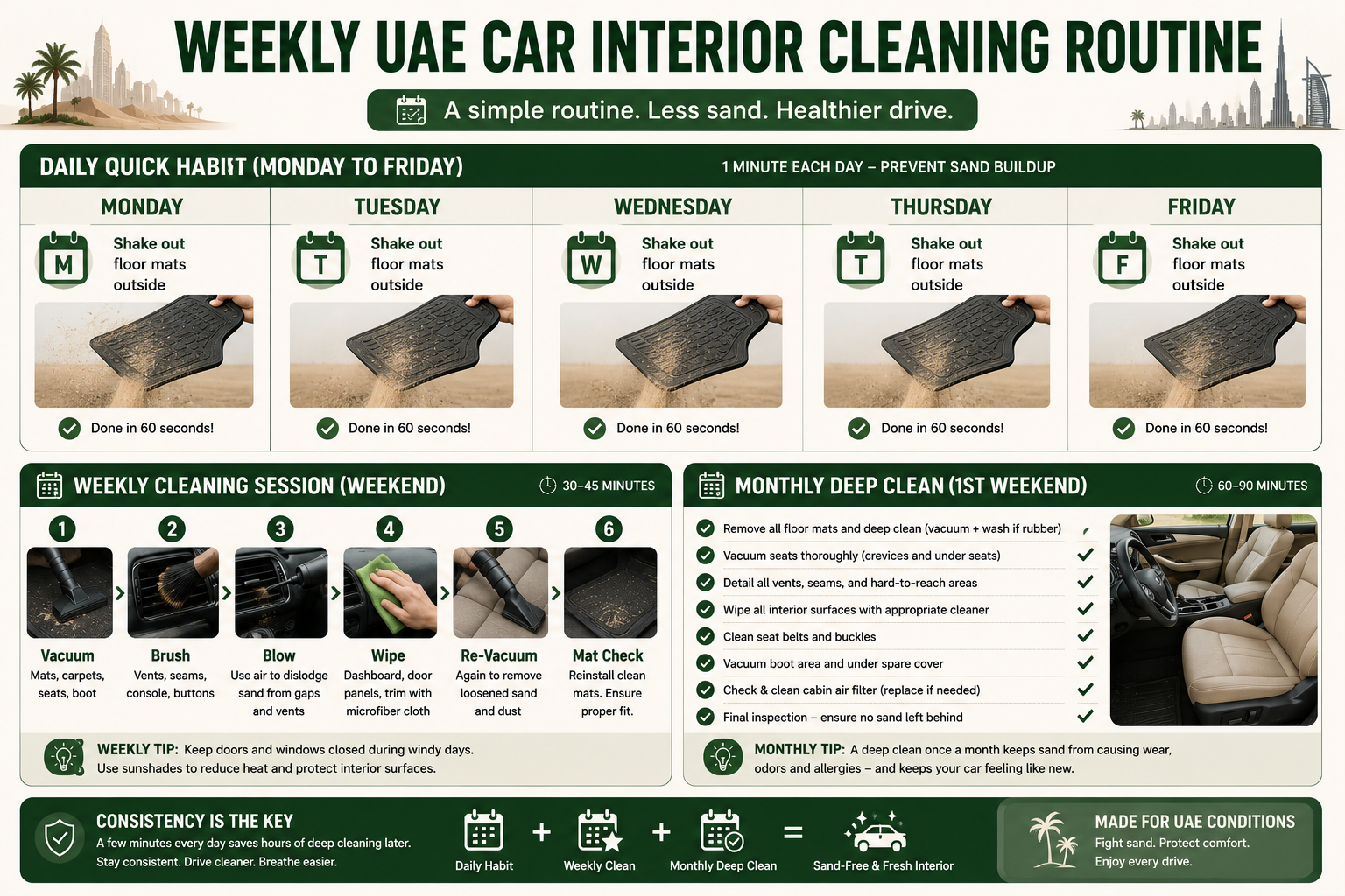 Infographic suggestion: Weekly UAE Car Interior Cleaning Routine - calendar-style visual showing daily mat shake (Monday to Friday), weekly session tasks, and monthly deep clean checklist.
