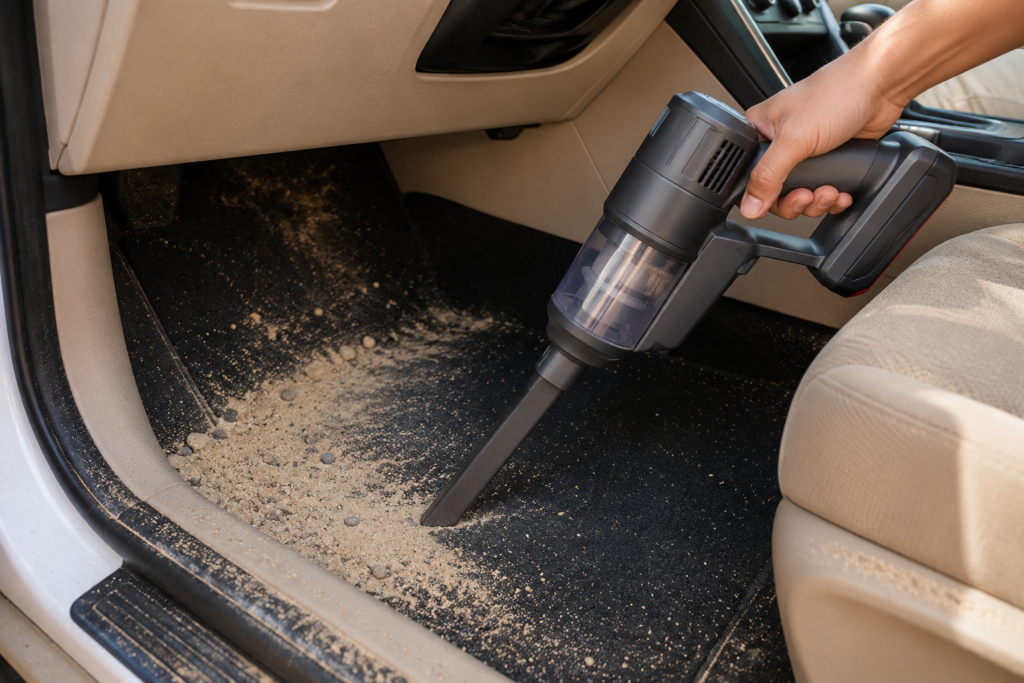Vacuum cleaning car carpet after UAE sand exposure - showing a cordless vacuum with crevice attachment on a sand-covered car carpet.