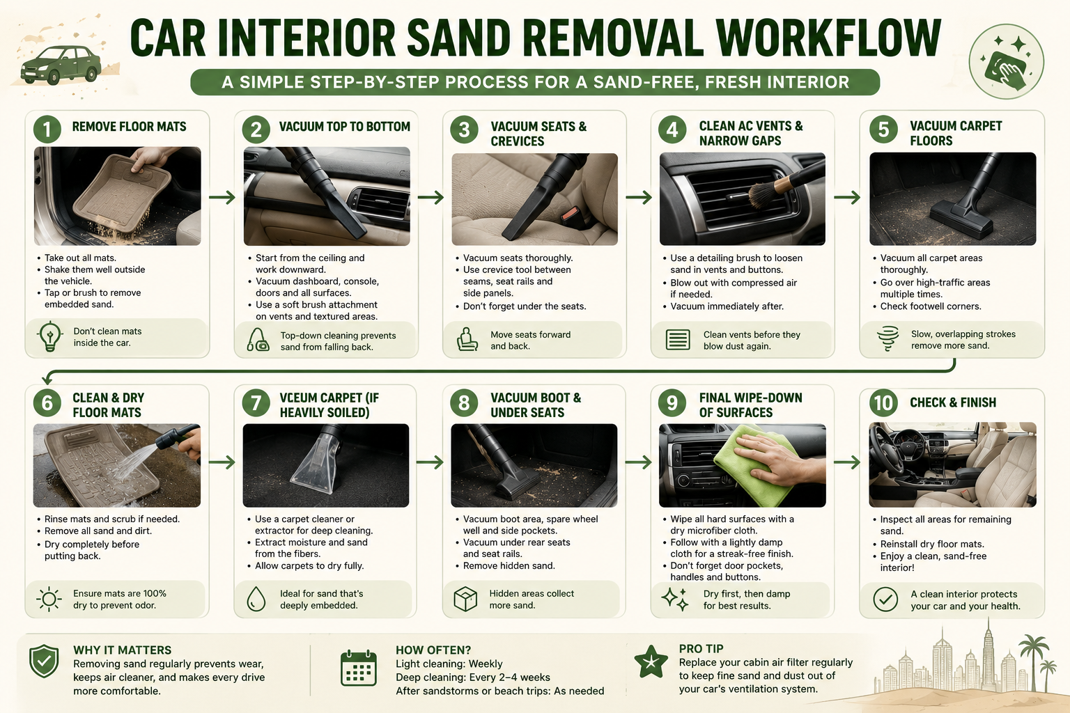 Car Interior Sand Removal Workflow - step-by-step numbered sequence from mat removal through to final wipe-down, shown as a process flow chart.