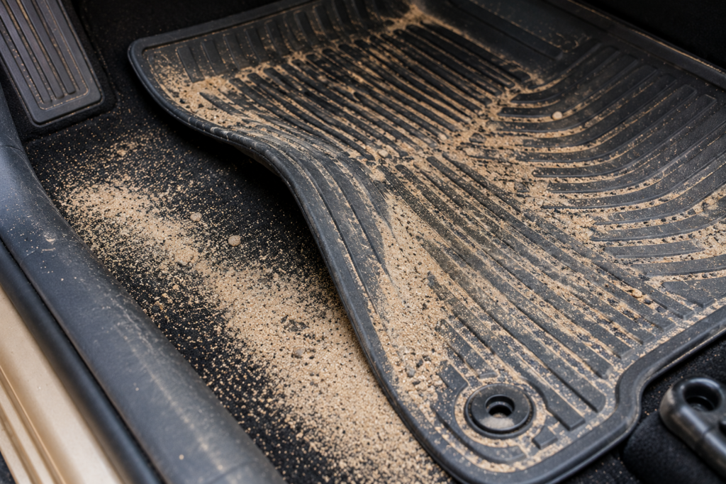 Close-up of sand trapped in car floor mats - showing fine desert sand collected in mat ridges and pile.