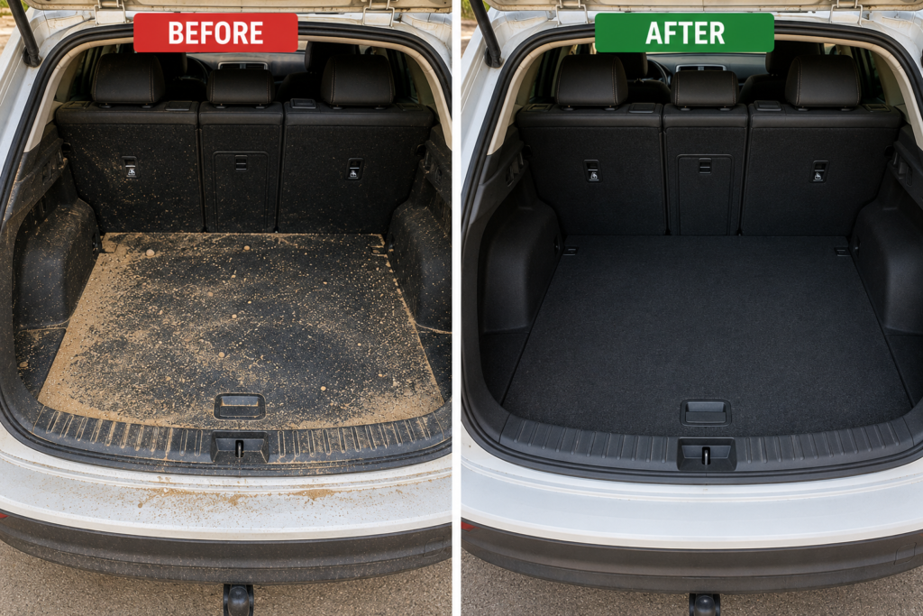 Boot area before and after sand removal - side-by-side showing boot carpet covered in sand versus after cleaning.