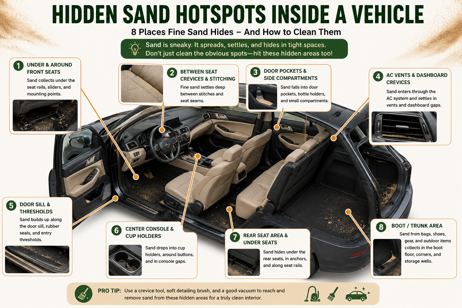 Infographic suggestion: Hidden Sand Hotspots Inside a Vehicle - Car diagram with labelled arrows pointing to each of the eight hotspot locations listed above.