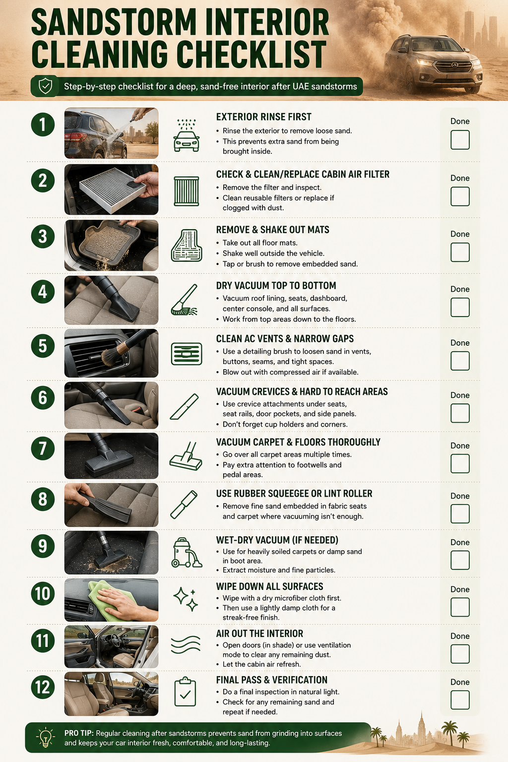 Infographic suggestion: Sandstorm Interior Cleaning Checklist - numbered checklist format showing pre-cleaning steps (exterior rinse first, filter check) through to final pass verification.