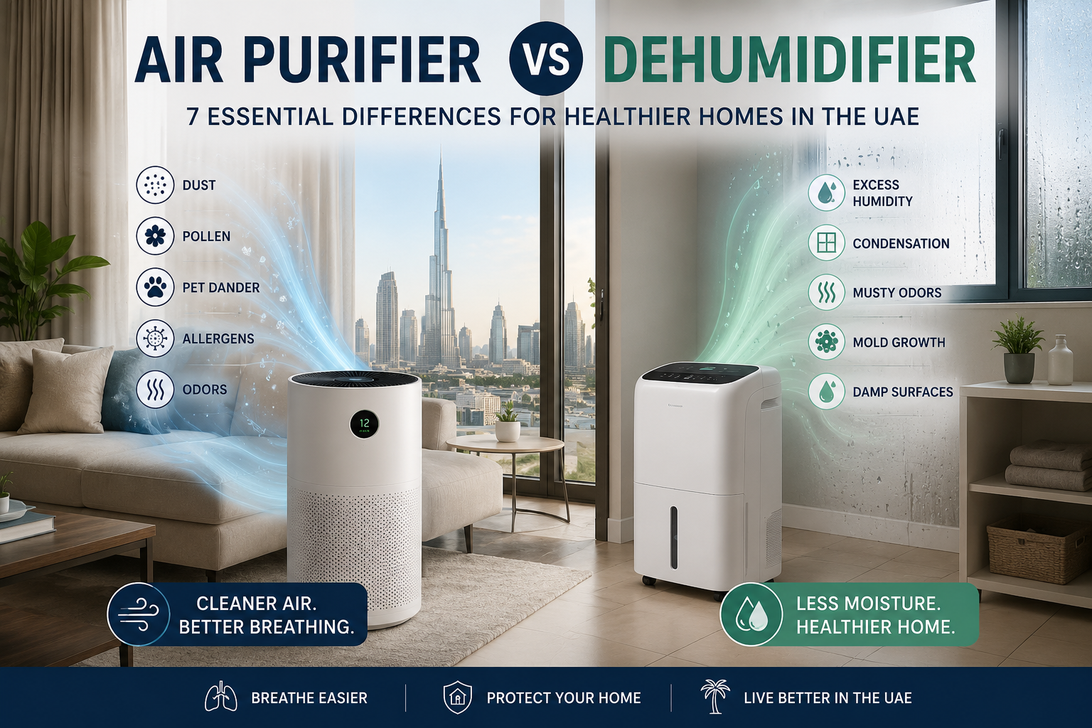 air-purifier-vs-dehumidifier-uae-1-Air purifier versus dehumidifier shown in a UAE interior setting