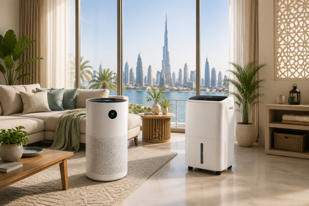 air-purifier-vs-dehumidifier-uae-Air purifier versus dehumidifier shown in a UAE interior setting