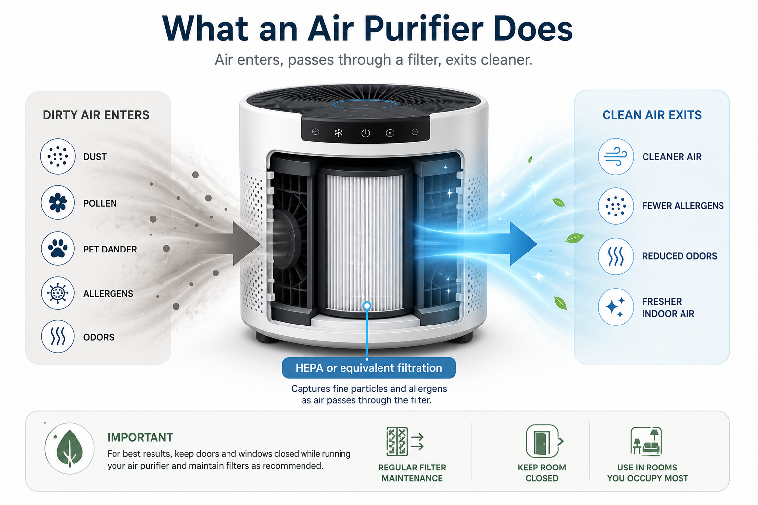 Simple cutaway/airflow infographic: air enters, passes through a filter labelled "HEPA or equivalent filtration," exits cleaner