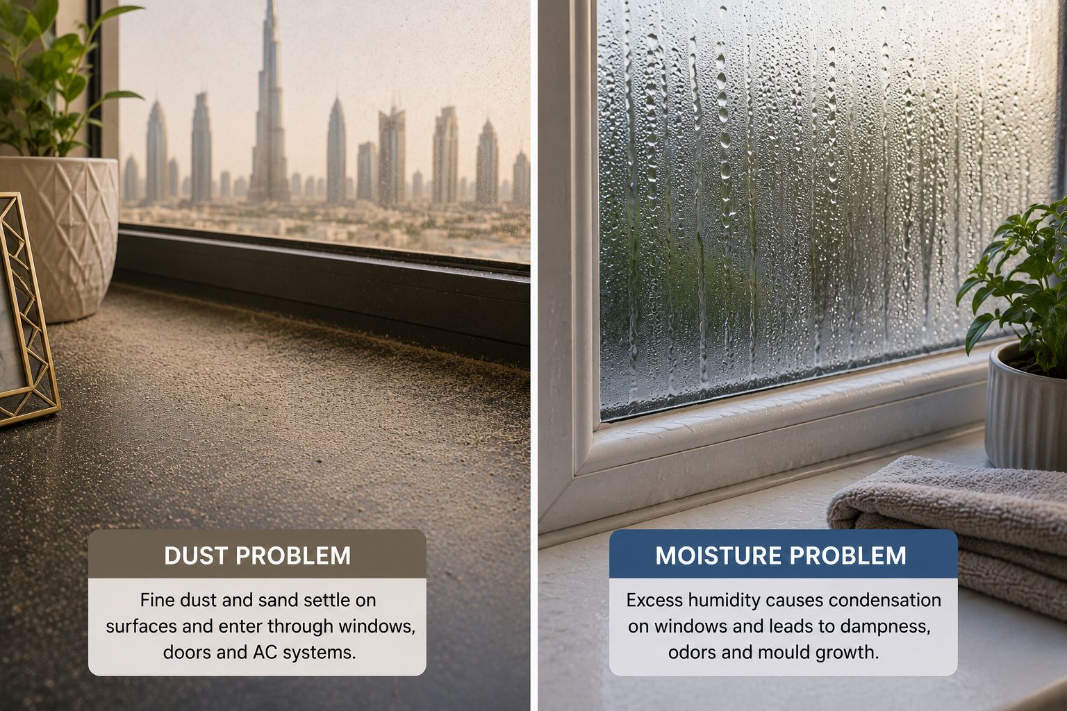 Two-panel comparison photo: dusty surface/windowsill on one side, condensation-covered window pane on the other