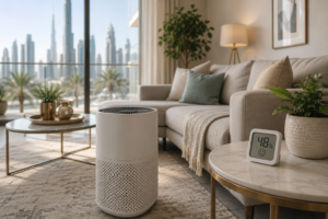 air-purifier-vs-humidifier-uae-1-Air purifier and hygrometer in a modern UAE living room