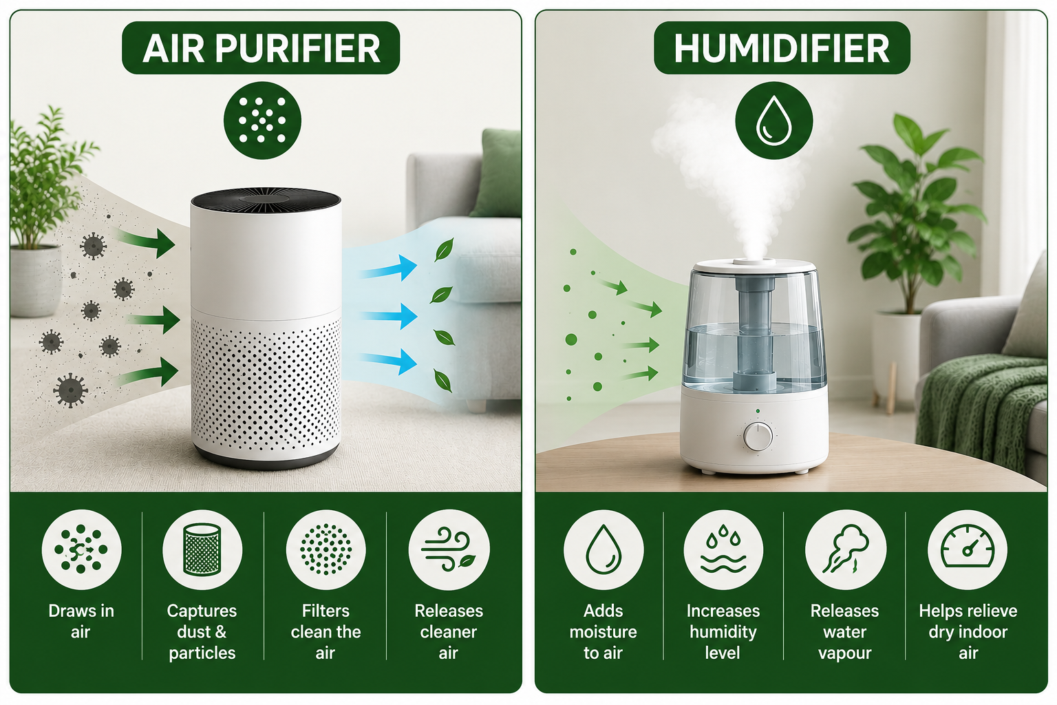 Two-panel infographic comparing an air purifier filtering dust and a humidifier releasing water vapour