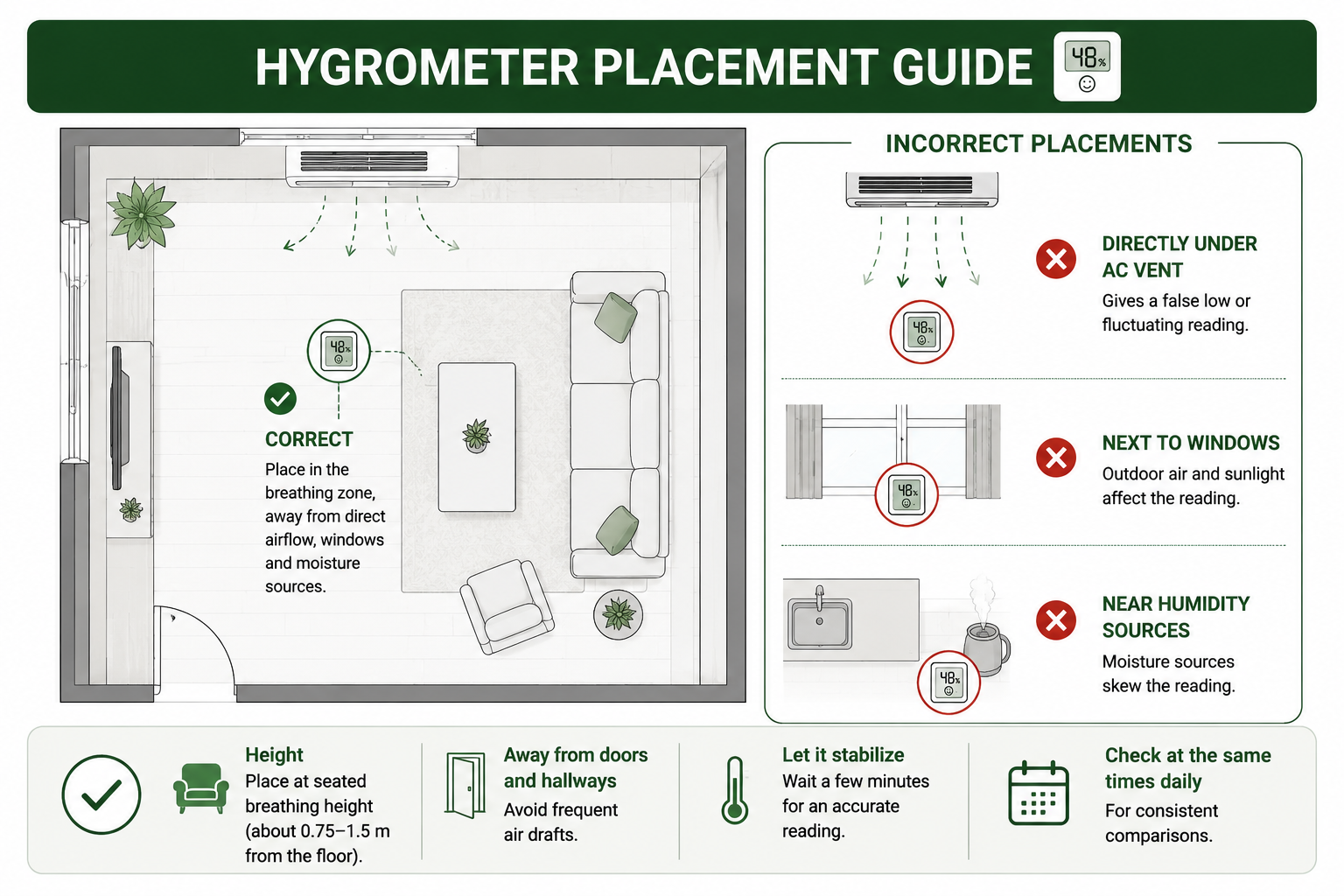 Room diagram showing correct and incorrect hygrometer placement