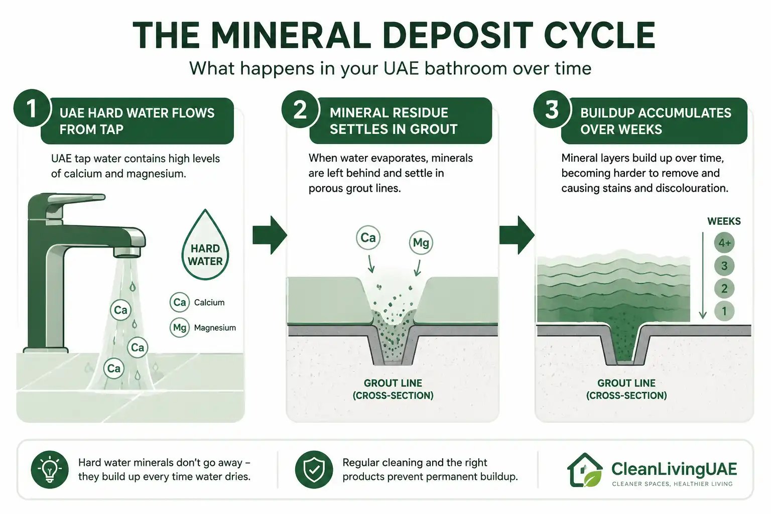 Three step diagram showing how UAE hard water creates mineral deposits in tile grout lines over time