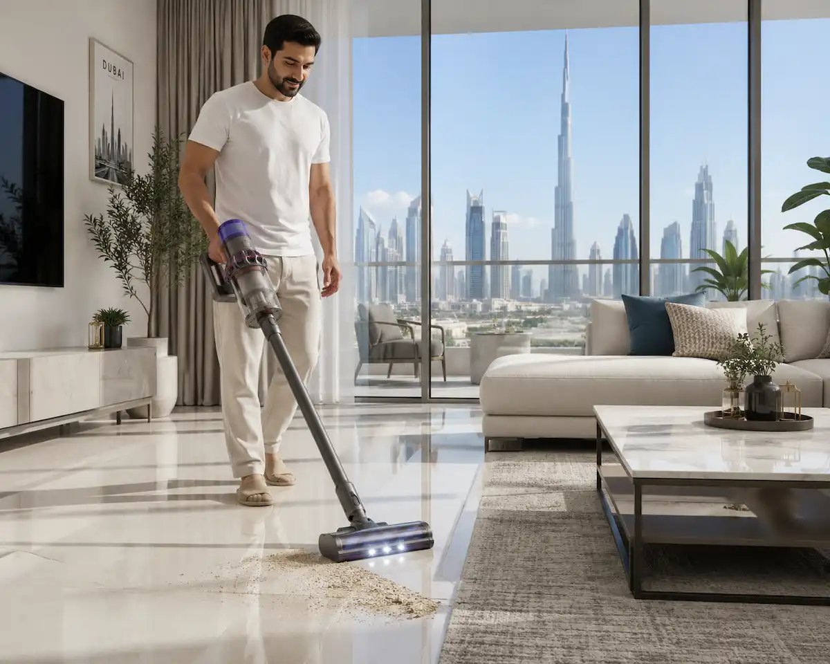 cordless vacuum uae-Person using a cordless stick vacuum to clean fine dust and sand on glossy tile floors inside a modern UAE apartment living room with natural light and Dubai skyline views.