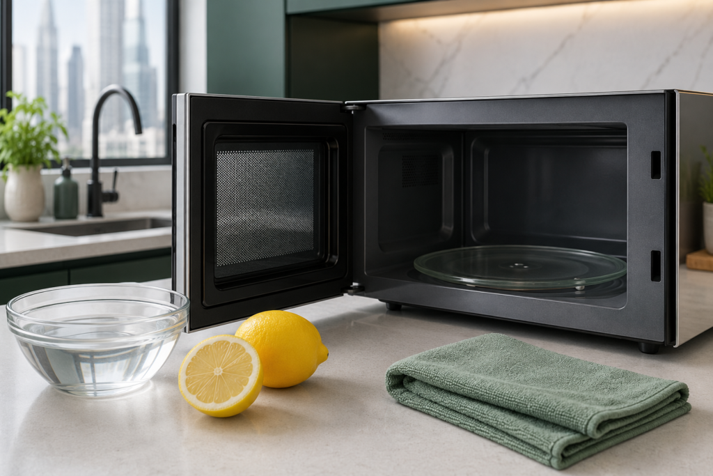 how-to-clean-a-microwave-Open microwave in a modern UAE kitchen with a glass turntable, lemon, bowl and microfibre cloth.