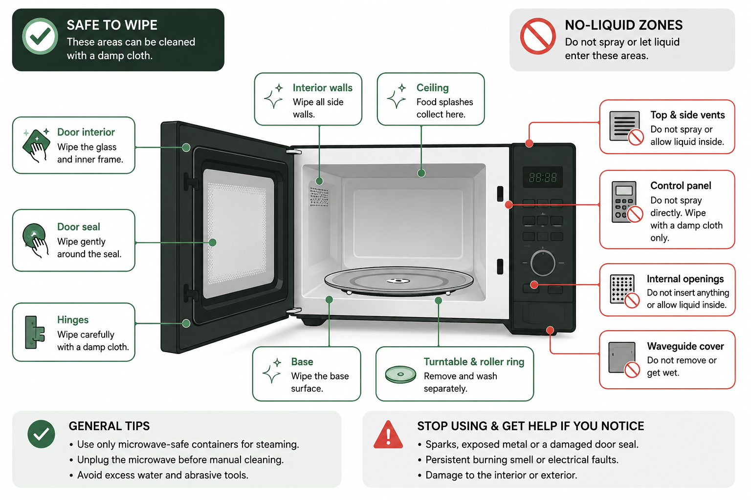 how-to-clean-a-microwave-2-Labelled diagram showing safe wiping areas and no-liquid zones on a microwave.