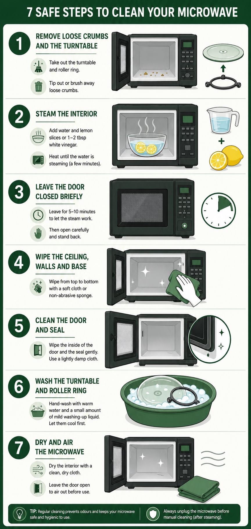 Vertical infographic showing seven safe steps to clean a microwave.
