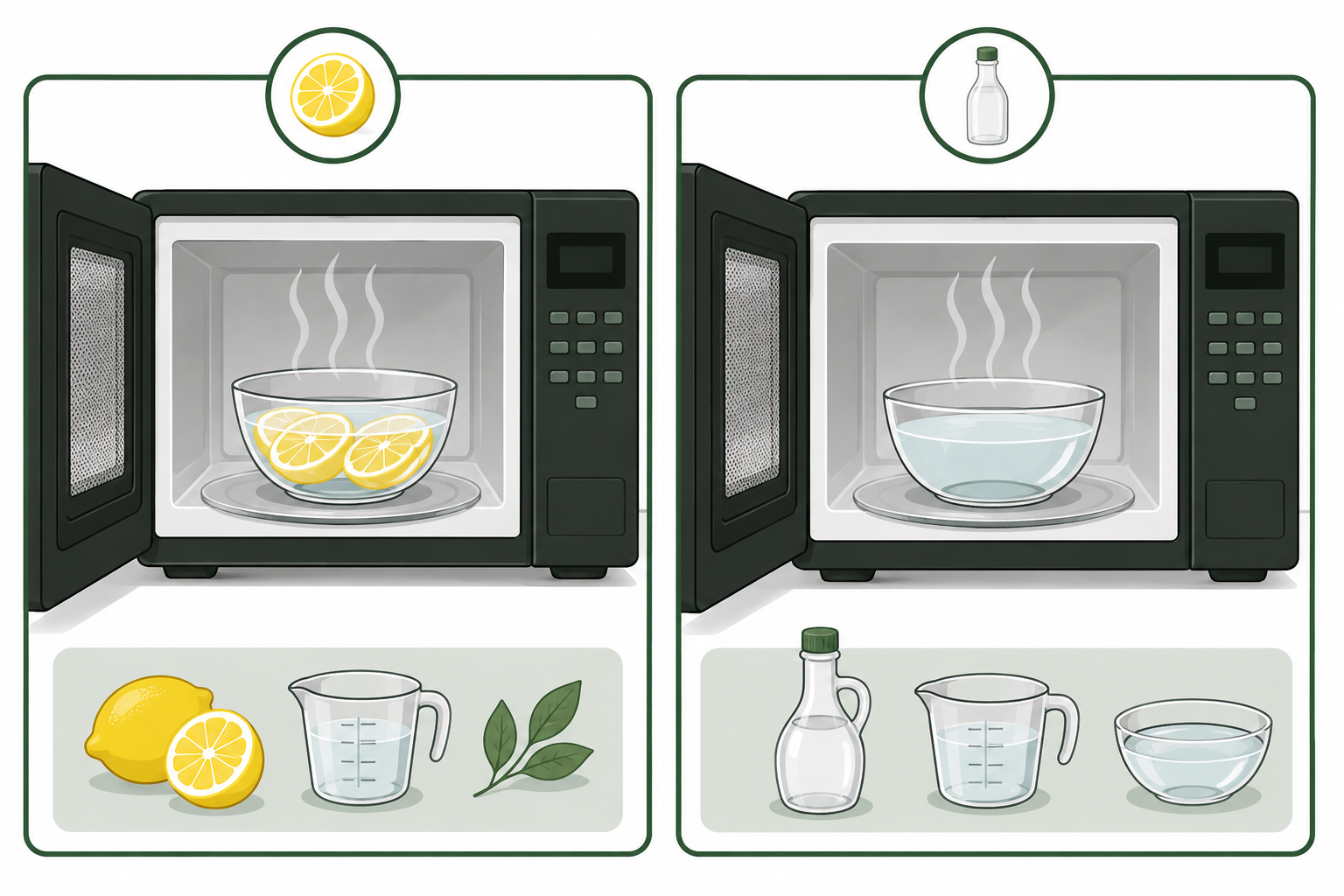 Two-panel graphic comparing lemon steam and diluted vinegar steam for microwave cleaning.